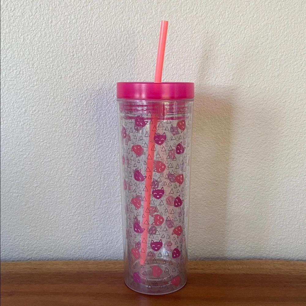 Target cat print tumbler drinking water cup with straw kitty graphic pink clear